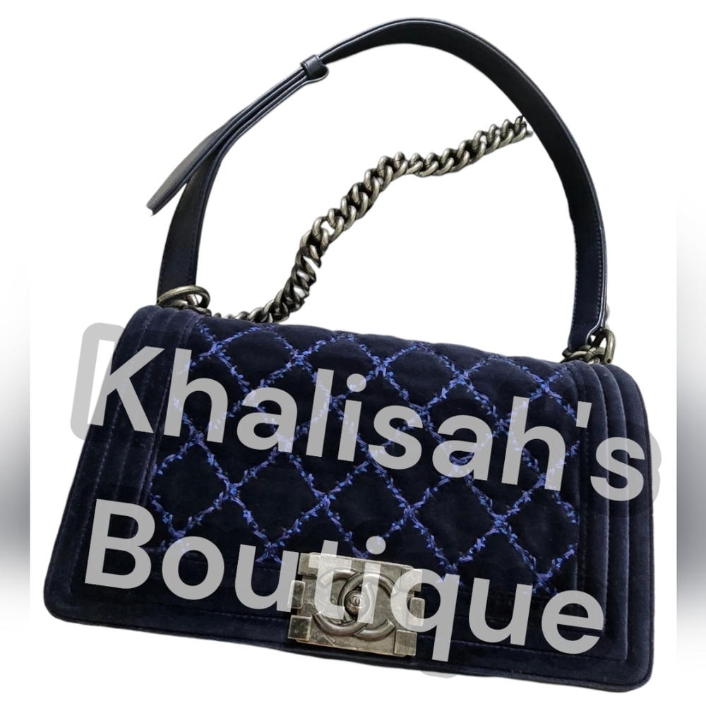 Like NEW! CHANEL BOY BAG WILD STITCH SUEDE LIKE VELVET TWEED LIKE IN NAVY BLUE! - Picture 7 of 16
